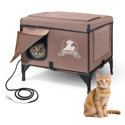 Heated Cat House 3-in-1 with Removable Warming Pad, Elevated Cat Bed for Indoor & Outdoor Cats, Chew-Resistant Cord, Double Door Cat Cave, All-Season Cat Shelter & Condo