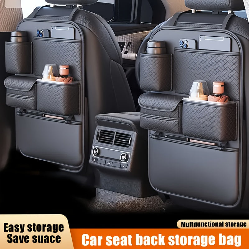 1pc Brand New 2025 Faux Leather Car Seat Back Organizer Bag Featuring a Diamond Design - Multi-Tier Storage for Bottles, Tablets, Laptops, And Additions, Black, Universal | Chic Car Organizer Bag | Faux Leather Car Bag