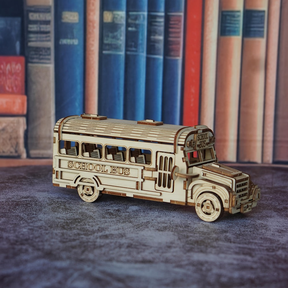 Wooden School Bus Model Kit DIY – American-Style 3D Puzzle with SCHOOL BUS Sign, Handmade Yellow Plywood STEM Craft Gift for Adults Teens Teachers Birthday Halloween Christmas