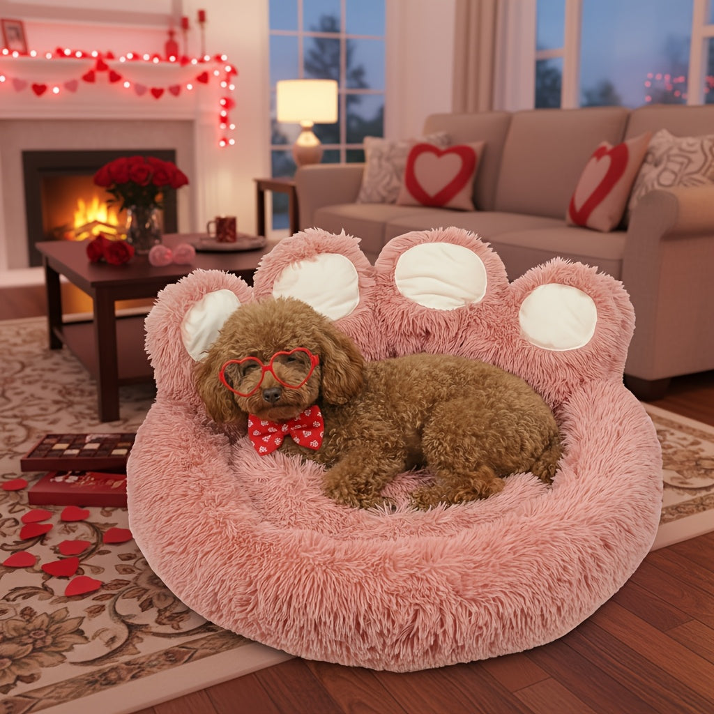 Dog Bed Cat Bed Bear Paw Shaped Donut – Calming Round Plush Pet Mattress, Warm & Soft Cuddler Bed for Dogs and Cats, Includes Pet Scarf, Sizes S to 2XL, Colors: Coffee, Pink, Grey, Brown