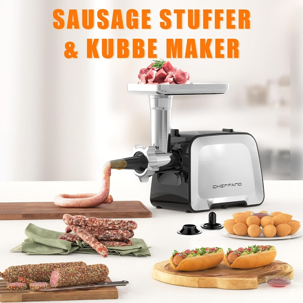 Heavy Duty Electric Meat Grinder & Sausage Stuffer – Stainless Steel with 2 Blades, 2 Cutting Plates, Sausage Tube & Kubbe Kit for Home Butcher & Meal Prep