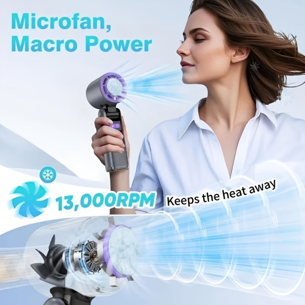 Handheld Ice Pack Fan High-Speed Semiconductor Cooling | 100-Speed Digital Display Turbo Fan with LED Light, Foldable Portable Design for Outdoor, Travel & Daily Use – Purple, Beige, Pink, Black & White