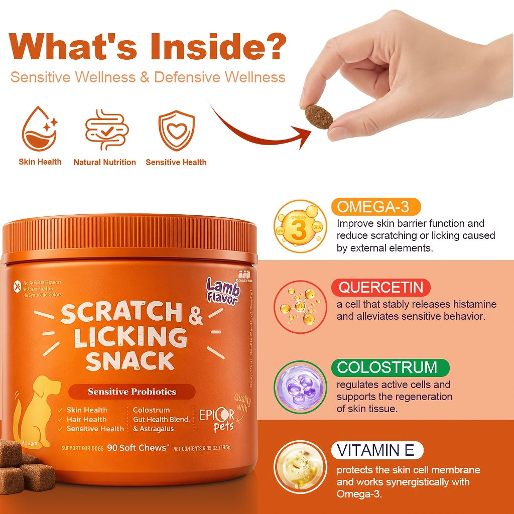 Dog Omega 3 Skin & Coat Chews 90ct – Lamb Flavor Soft Pellets with Probiotics for Itching, Scratching & Licking Relief, Fur Care Supplement for Dogs of All Ages & Breeds