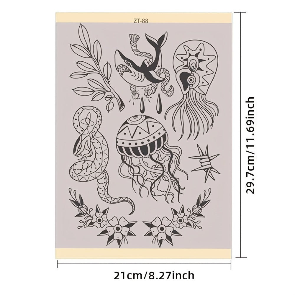 Tattoo Transfer Paper 3 Sheets – Pre-Drawn Stencils with Floral, Paisley, Spiderweb, Snake & Pizza Designs – A4 Size Body Art Stencil Kit for Beginners & Pros, No Electricity Needed