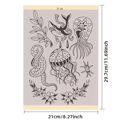 Tattoo Transfer Paper 3 Sheets – Pre-Drawn Stencils with Floral, Paisley, Spiderweb, Snake & Pizza Designs – A4 Size Body Art Stencil Kit for Beginners & Pros, No Electricity Needed