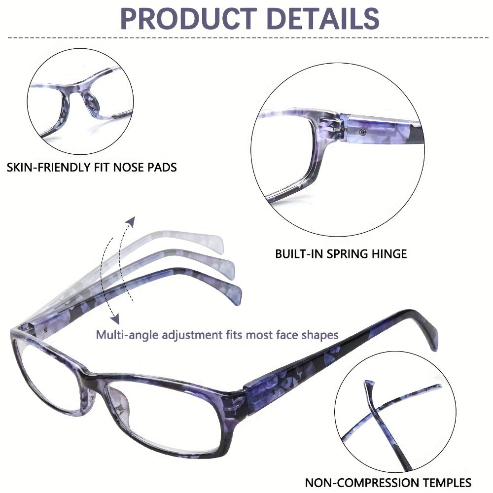 Reading Glasses 5 Pack for Women and Men Blue Light Blocking Readers Rectangular Spring Hinge Frame Anti Eyestrain Computer Reading Glasses Lightweight Fashionable Multi-Color Set Magnification 1.0 to 4.0