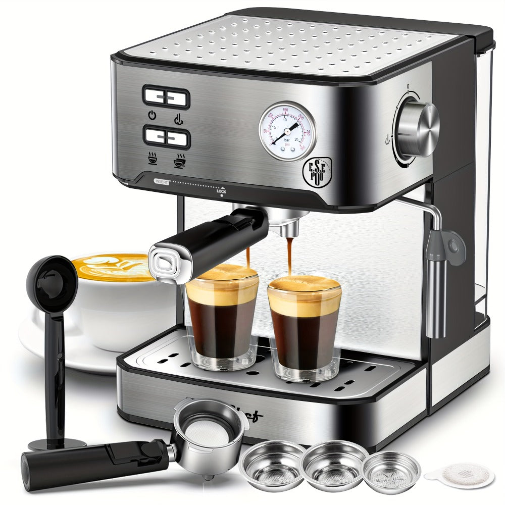 20 Bar Espresso Machine 950W – Stainless Steel Espresso & Cappuccino Latte Maker with Steam Wand Milk Frother, 49.03oz Water Tank, ESE Pod Filter, Home Barista Coffee Machine – Black, Pressure Gauge