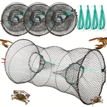 Collapsible Fishing Trap Net 4 Pack - Crab Crawfish Minnow Lobster Shrimp Bait Cage with 49ft Rope, 12x24 Inch Foldable Fish Trap, Durable PA Nylon, Portable Freshwater Saltwater Fishing Gear