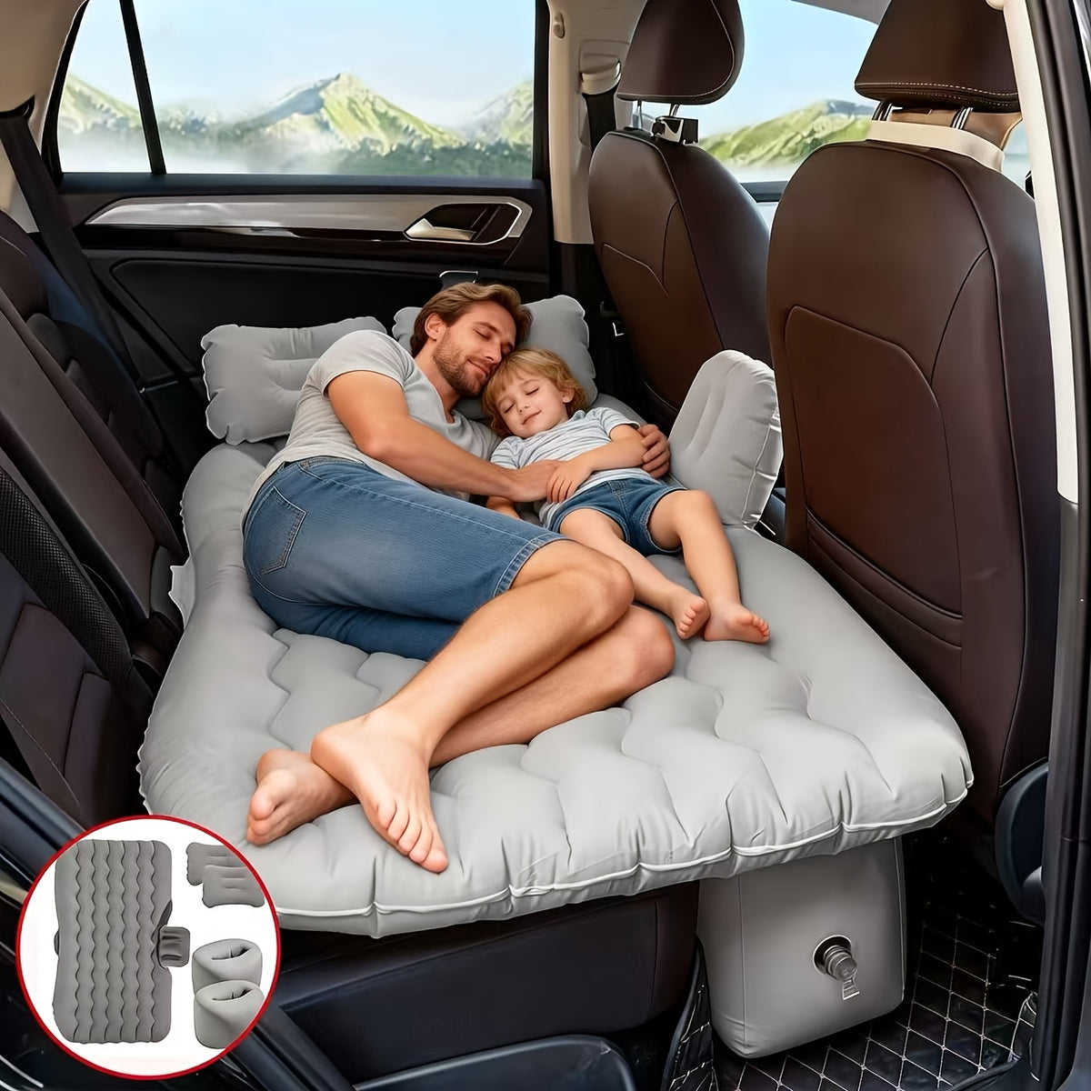 Premium Blue Gray And Beige Black Portable Inflatable Car Mattress, Car Beds for Vehicles, PVC Material, Suitable for Backseat Sleeping, Outdoor Camping Picnic Travel Cushion Bed, Car Additions for Men