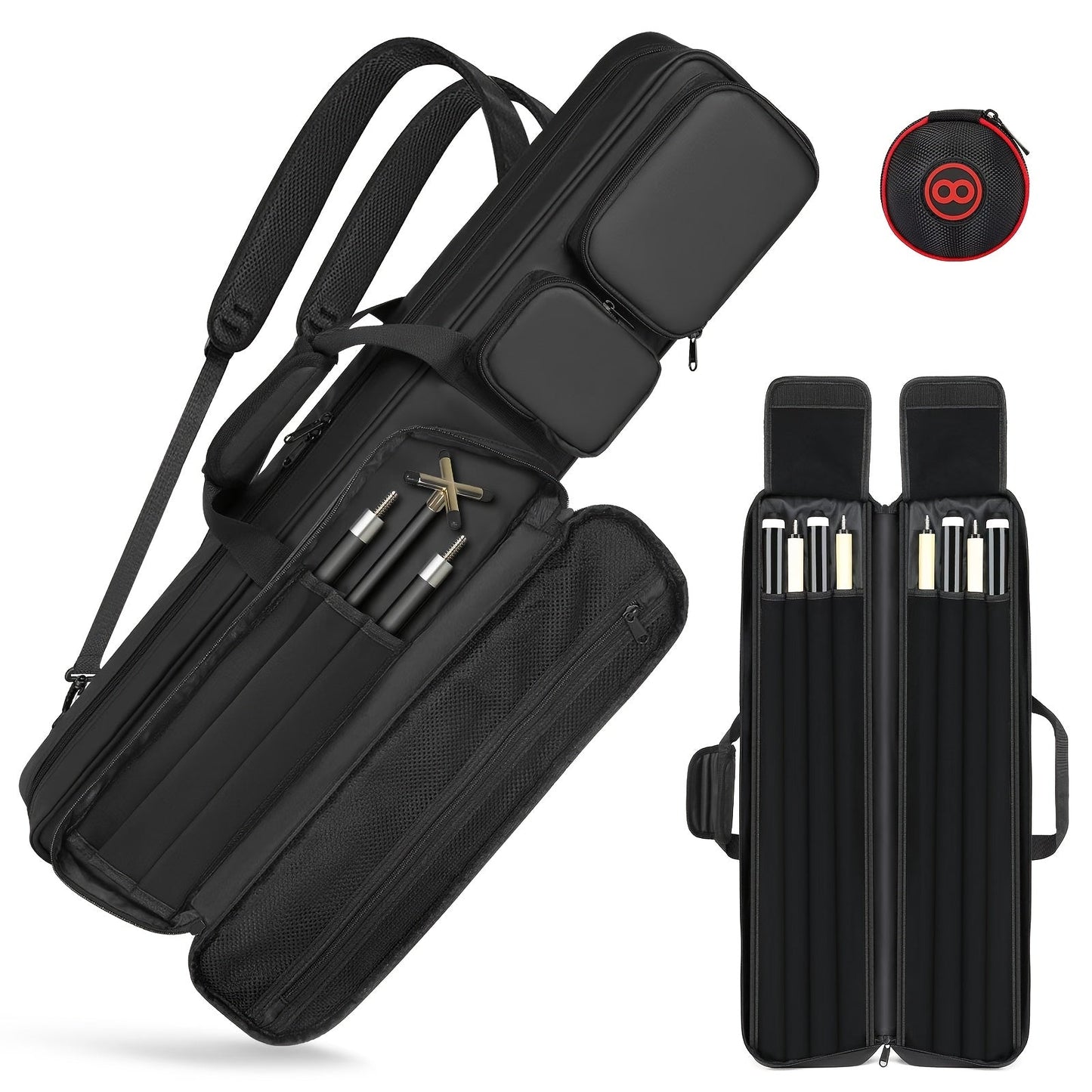 Pool Cue Case 4x4 – Billiard Cue Bag Holds 4 Butts & 4 Shafts, Hidden Backpack Strap, Large Front Accessory Pockets – Durable Pool Stick Carrying Case for Home, Club & Tournament