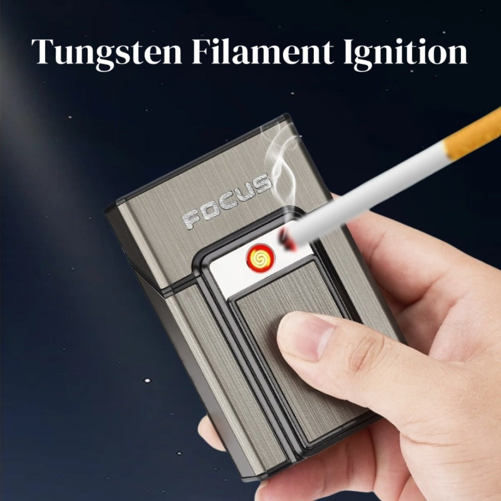 Cigarette Case with Built-in USB Rechargeable Lighter, Tungsten Filament Windproof Electric Igniter, One-Button Pop-Up, Holds 20 Cigarettes, Compatible with Soft & Hard Packs – Travel Cigarette Holder