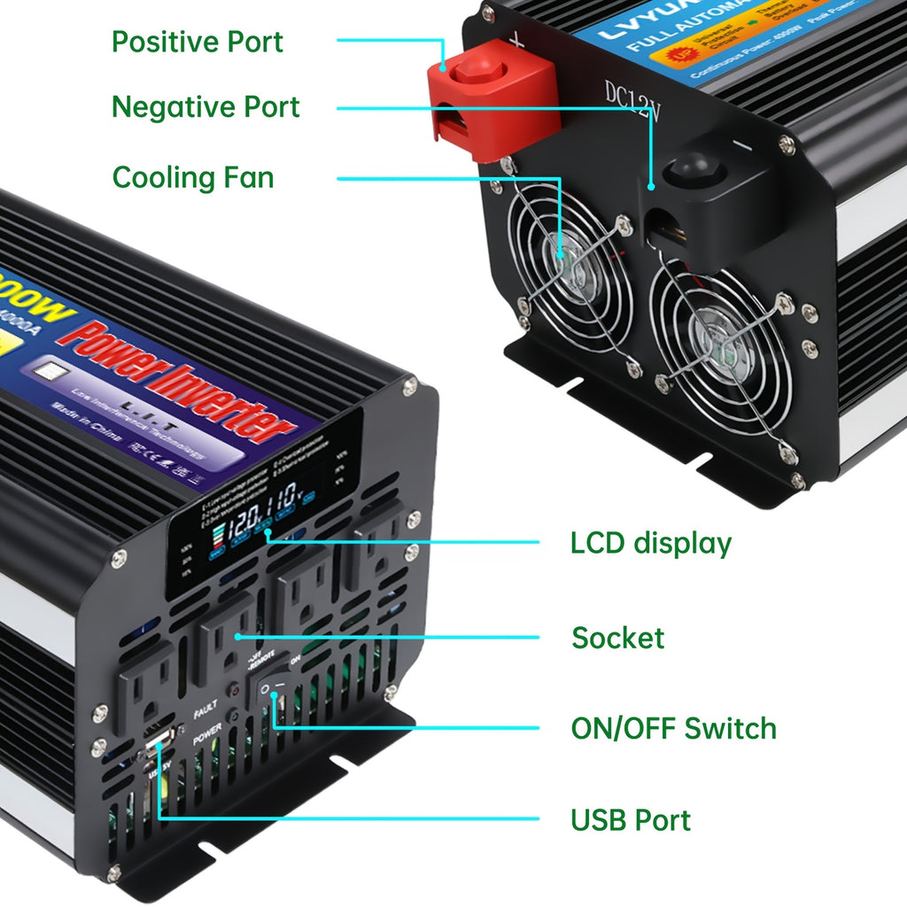 LVYUAN Car Power Inverter 600W/4000 Watt 12V To 110V With 4 AC Outlets, LCD Display, Wireless Remote Control, Car Power Inverter For Car, RV, Truck, Off Grid Solar System, Camping 24V Car Accessories, Without Battery