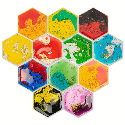 Liquid Tiles Vinyl Flexible Wall Stickers 12-Pack – Geometric Sensory Tiles for Wall & Floor Decor, Stress Relief Fidget Tiles, Square & Hexagon Shapes, 5.9 x 5.9 Inches Each