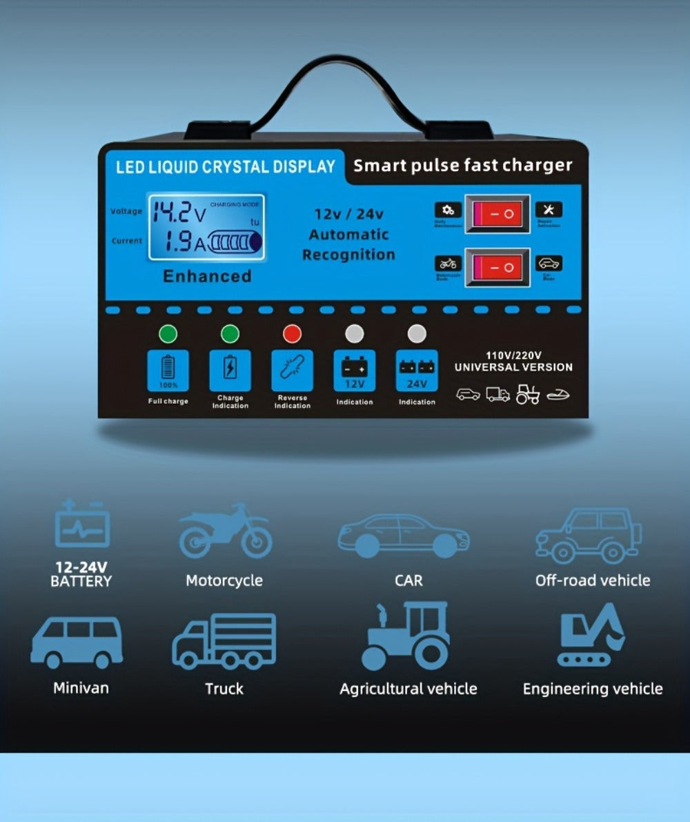 Intelligent Battery Charger & Inverter 12V & 24V – LCD Display, Trickle Maintenance, Overcharge & Short Circuit Protection for Cars Yachts & Batteries