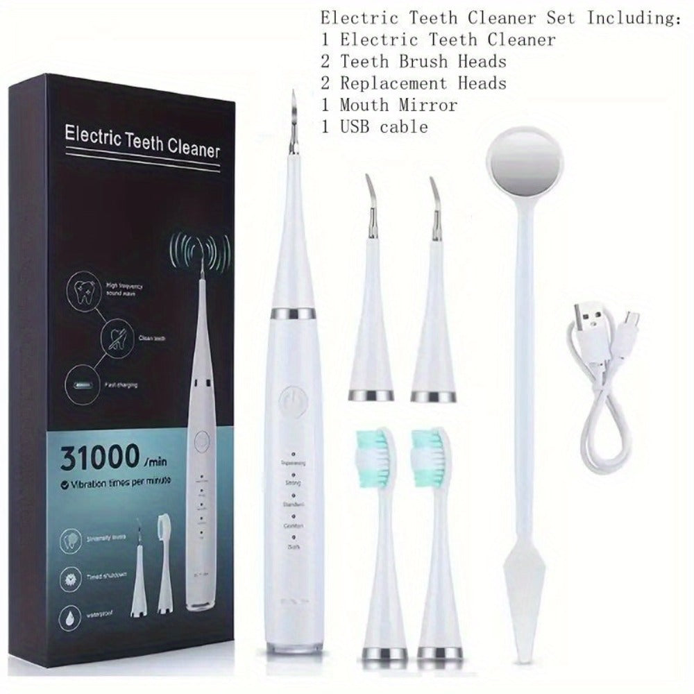 Electric Teeth Cleaner Kit USB Rechargeable – 5 Cleaning Modes Dental Scaler Plaque Tartar Remover Gum Health Tool for Adults Family Holiday Gift Set Black White Green