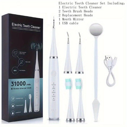 Electric Teeth Cleaner Kit USB Rechargeable – 5 Cleaning Modes Dental Scaler Plaque Tartar Remover Gum Health Tool for Adults Family Holiday Gift Set Black White Green