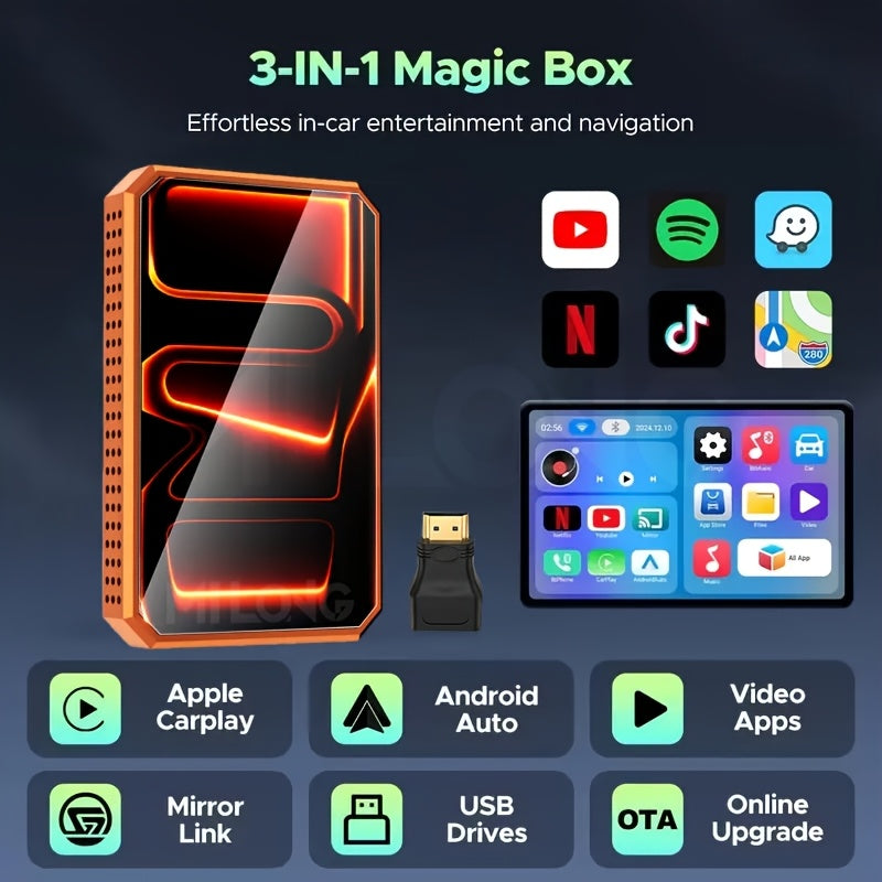 3-in-1 Wireless CarPlay Multimedia Box - Stream Netflix, YouTube & TikTok, USB Media Support, Plug & Play, Compatible with Factory Wired IOS CarPlay & Android Auto.Note: Wireless CarPlay Requires IOS 10 or Later and Is Compatible with Vehicles