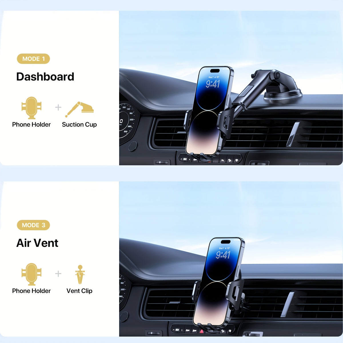 Miracase Car Phone Holder - Strong Suction Cup Mount for Dashboard & Vent, Hands-Free Compatible with All Smartphones, Durable ABS Material, Secure 360° Viewing Angles, Phone Holder for Car