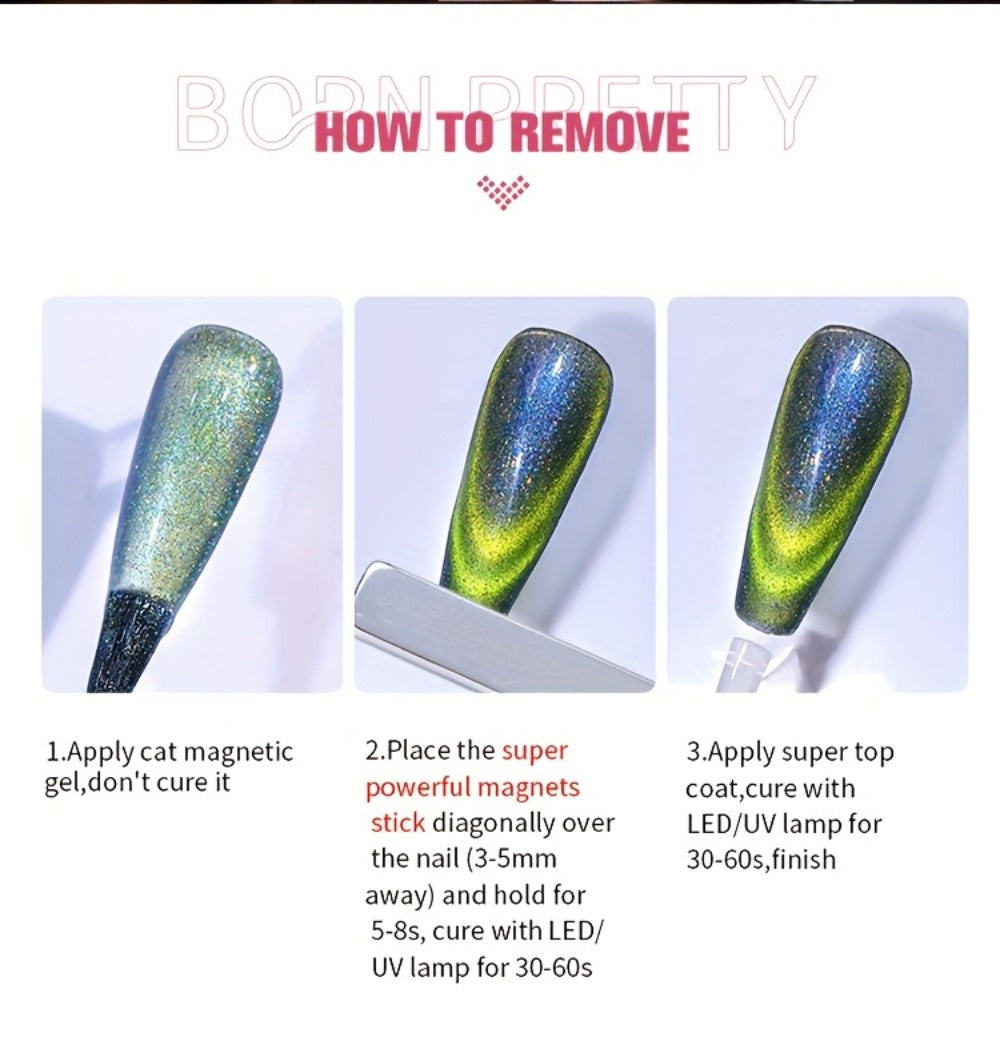 Cat Eye Gel Polish Set 6pcs BORN PRETTY Double Light Reflective Magnetic - Sparkling Rainbow Glass Cat Eye Effect Soak Off UV LED Gel 10ml Each Long Lasting Salon & Home DIY Manicure Kit for Women
