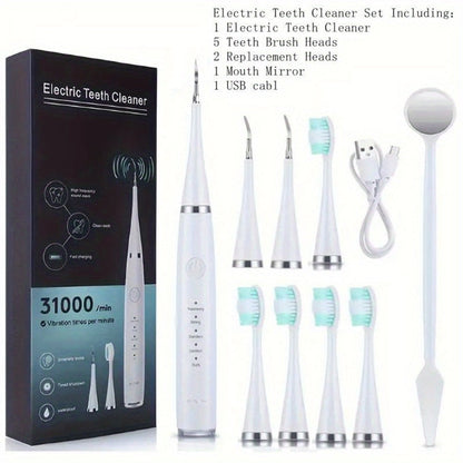 Electric Teeth Cleaner Kit USB Rechargeable – 5 Cleaning Modes Dental Scaler Plaque Tartar Remover Gum Health Tool for Adults Family Holiday Gift Set Black White Green