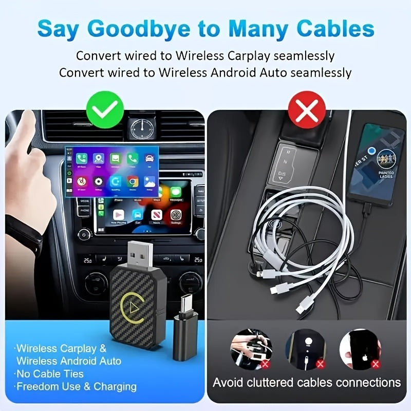 Mini wireless CarPlay adapter, suitable for Apple and Android, plug and play, low latency to convert wired to wireless CarPlay, suitable for a variety of models, upgraded in 2025, fast and stable connection, no battery required
