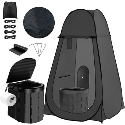 Pop-Up Privacy Tent with Portable Camping Toilet for Adults, Foldable Outdoor Shower Changing Potty Tent Kit with 12 Toilet Bags, Ground Stakes & Windproof Ropes for Camping, Hiking, Travel & Picnics