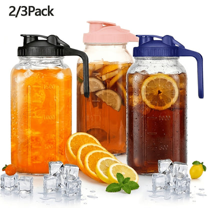 64oz Glass Pitcher with Handle – Leak-Proof Wide Mouth Mason Jar Water Jug, Pour Spout Lid, 2 Quart Portable Canteen for Camping, BBQ, Fridge & Outdoor Entertaining (2-Pack / 3-Pack)