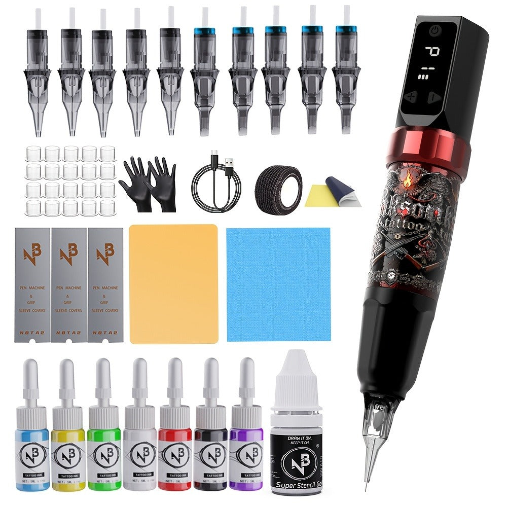 INKSOUL Wireless Tattoo Machine Kit TM-94 1500mAh Power Supply 10 Needles 7 Ink Bottles Mixing Cups Transfer Paper Complete Tattoo Supplies for Beginners & Masters