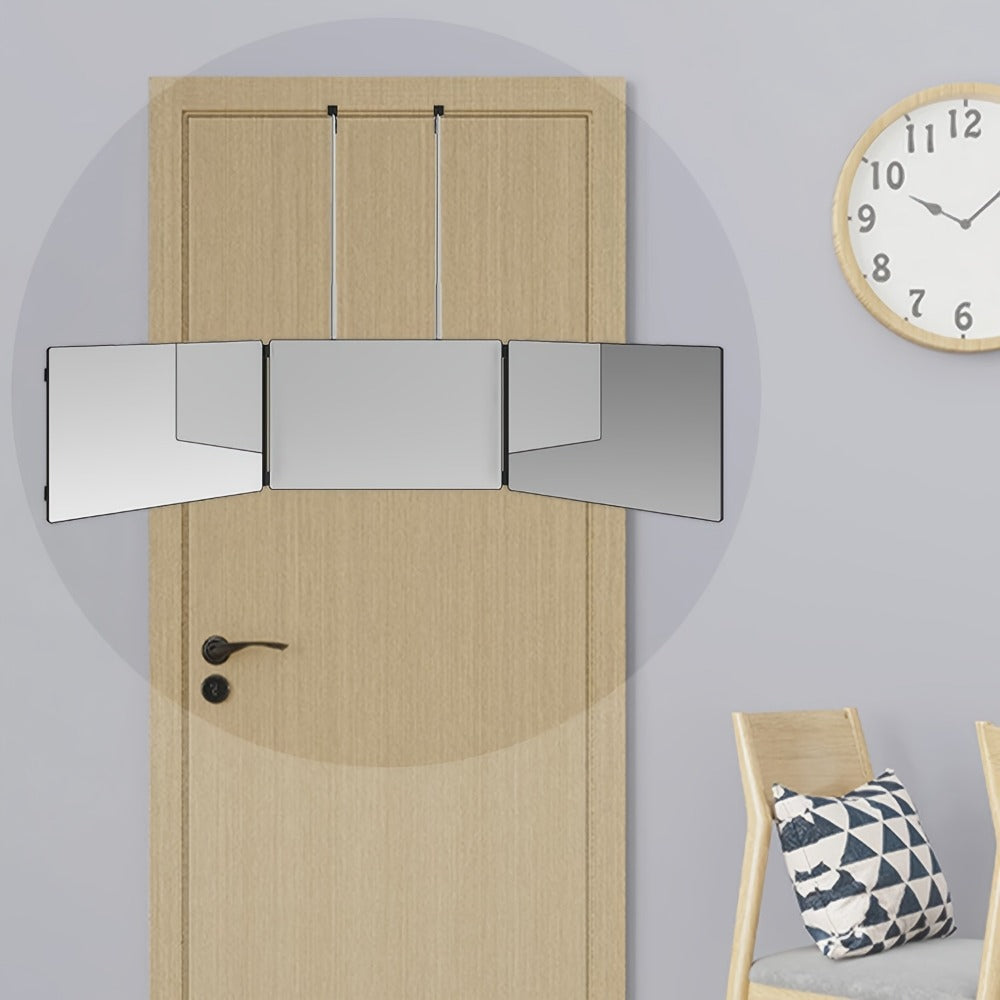 Three-Way Folding Mirror for Haircutting 360° View Anti-Fog HD Glass Height-Adjustable Telescopic Hook - Foldable Three-Sided Mirror for Self Hair Cutting Shaving Makeup Hairstyling at Home
