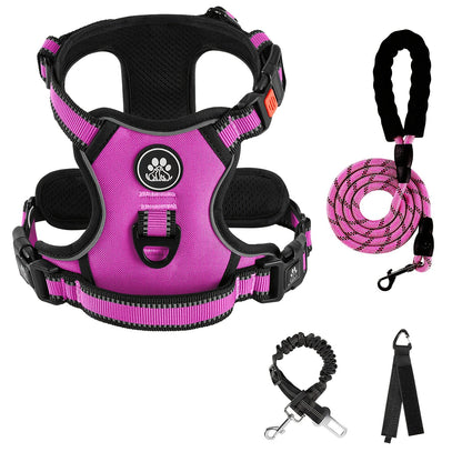 No Pull Dog Harness Set with Collar, Leash & Retractable Seatbelt – Reflective Adjustable Breathable Vest for Small to Large Dogs