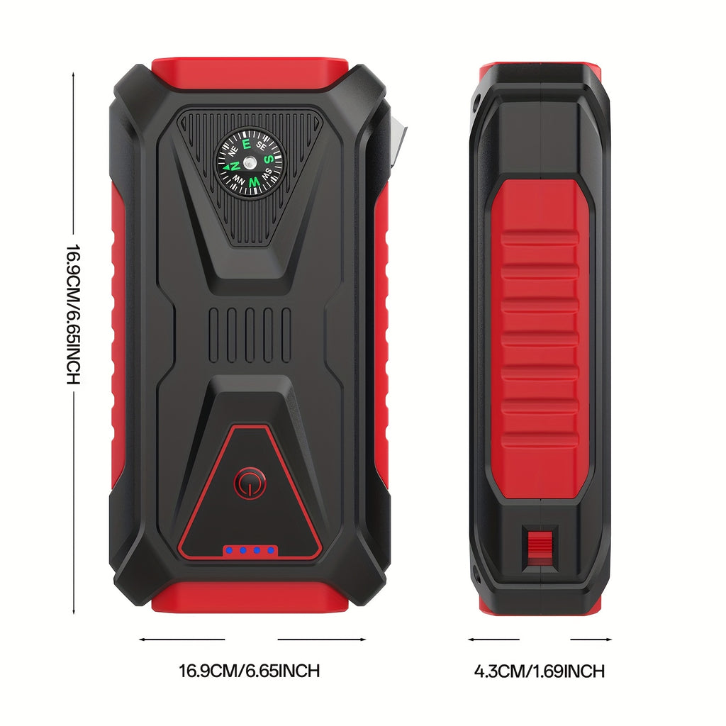 12V Portable Battery Starter | 5000A Peak Jump Starter for 2.64gal Gasoline and 2.11gal Diesel Engines, LED Flashlight, SOS Warning Lights, Emergency Power Supply with Safety Hammer and Compass, USB Dual Use, Rechargeable Lithium Polymer Battery, For RV