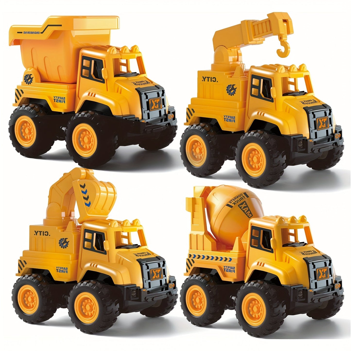 4-Piece Construction Truck Set for Kids – Excavator Dump Truck Crane Cement Mixer Sandbox STEM Engineering Vehicle Playset, Toddler Boy Girl Birthday Gift Ages 3+