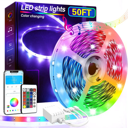 Smart LED Strip Lights 5050 RGB IC App & Remote Control, Music Sync Color Changing, for Bedroom Living Room Kitchen TV Home Decoration, Party Holiday Lighting – 25ft 50ft 100ft 130ft 200ft Available