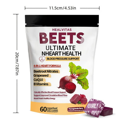 Beetroot Chewable Tablets with Natural Nitrates & Concentrated Beet Root Extract - Supports Circulatory System, Nitric Oxide Production & Cardiovascular Health - Dietary Supplement
