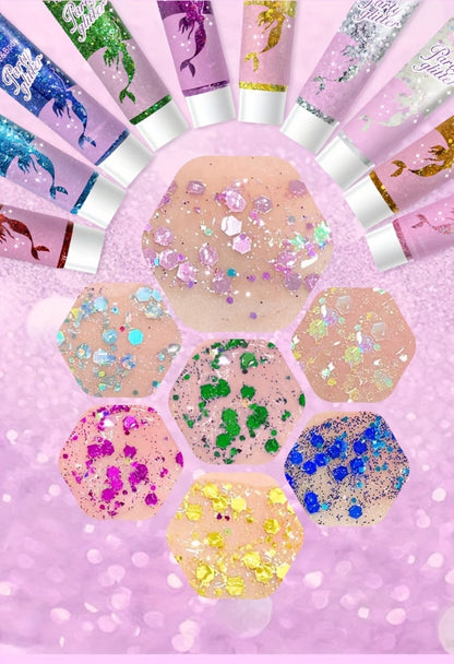 Face Body Glitter Gel Set 30 Pieces — Colorful Shapes Mermaid Sequin Stars Hearts, Transparent Gel Base, Skin-Safe Shimmer Makeup for Festivals, Raves, Halloween, Cosplay & Parties