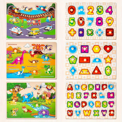 6-in-1 Wooden Toddler Puzzle Set with Storage Rack – Alphabet Number Shape Animal Dinosaur Vehicle Puzzles, STEM Montessori Educational Learning Toy, Gift for Baby Boys Girls Ages 1 2 3