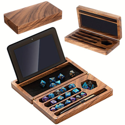 Walnut Dice Box & Rolling Tray 4.8x9 Inch Handmade – Magnetic Flip Lid, Dice Storage, Phone & Tablet Stand for Tabletop RPG Board Games, DnD Accessories & Gamer Gift