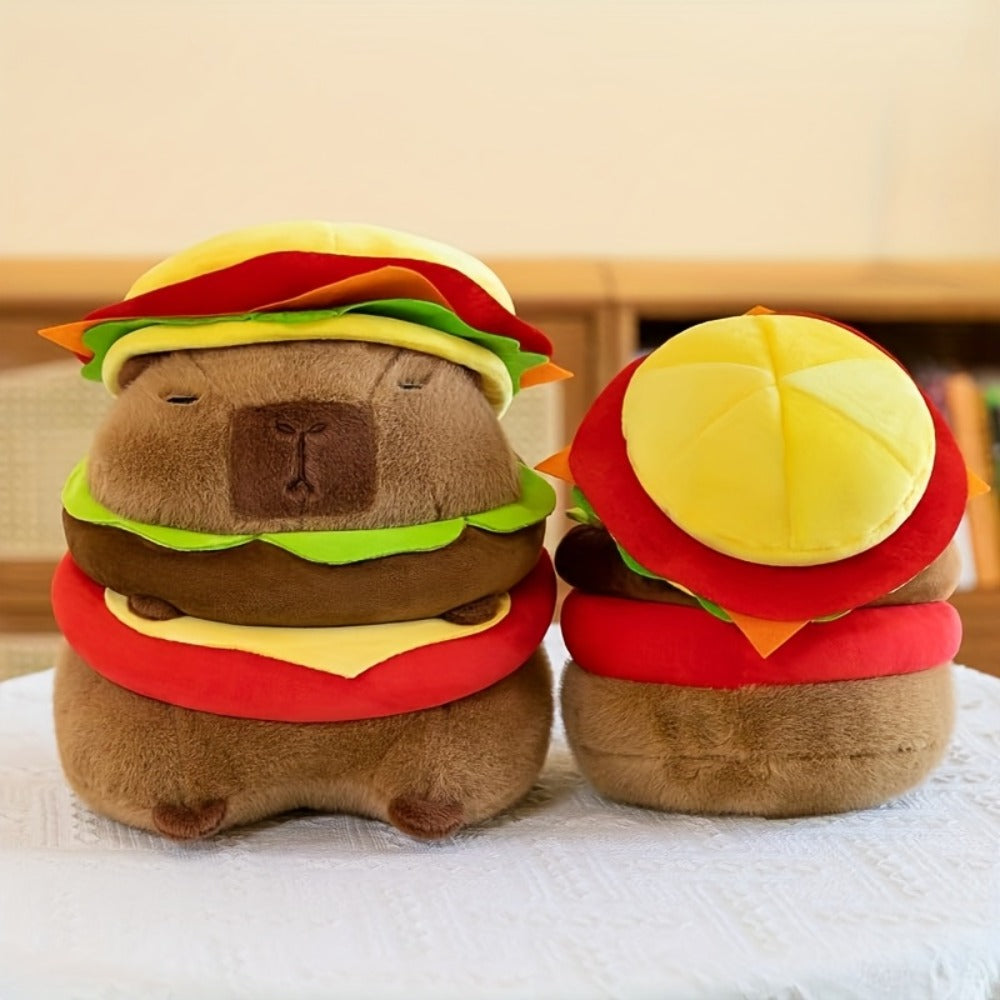 Capybara Plush Stuffed Animal Hamburger Burger Hat Funny Kawaii Soft Plush Toy Couch Pillow Doll Unique Meme Gift for Kids Teens Adults Birthday Christmas Holiday