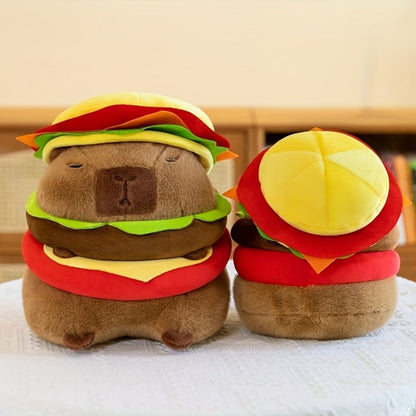 Capybara Plush Stuffed Animal Hamburger Burger Hat Funny Kawaii Soft Plush Toy Couch Pillow Doll Unique Meme Gift for Kids Teens Adults Birthday Christmas Holiday