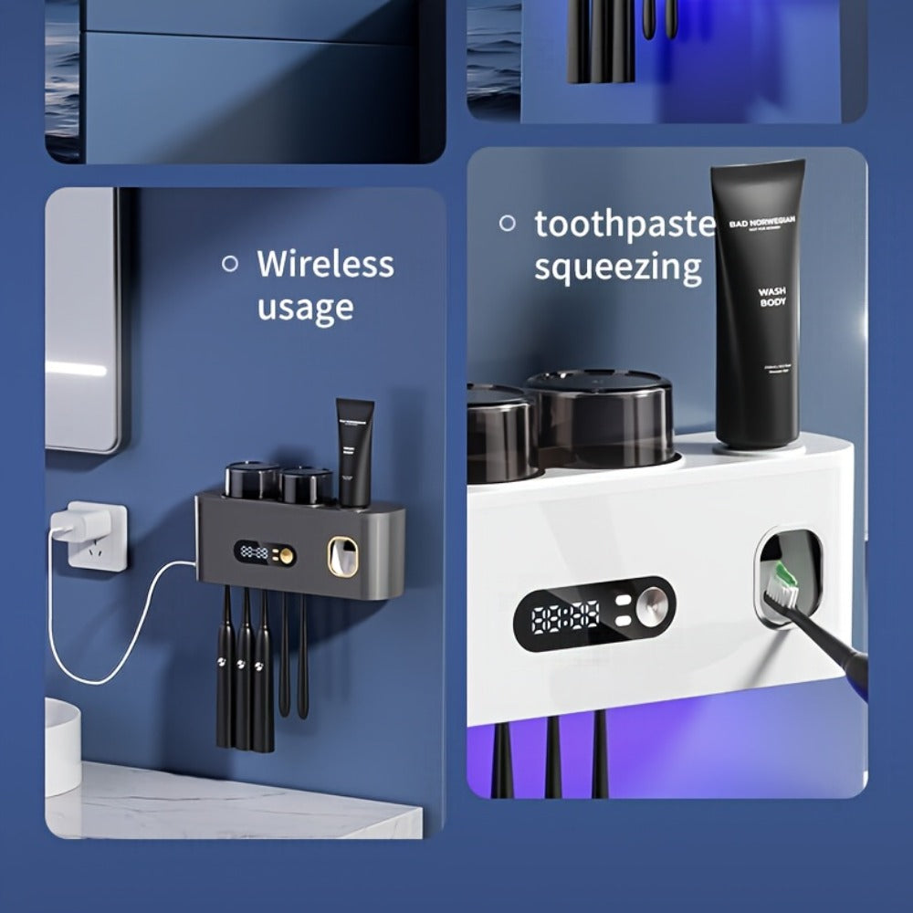 Toothbrush Holder with UV Sterilizer & Automatic Toothpaste Dispenser – 5-Slot Smart Bathroom Organizer with 2 Cups, USB Rechargeable, Clock Display, Durable Plastic Wall Mount for Family Oral Care