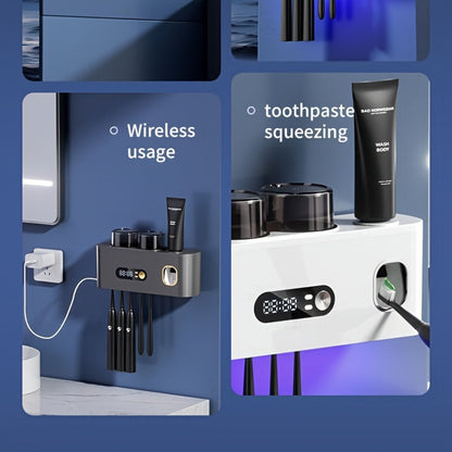 Toothbrush Holder with UV Sterilizer & Automatic Toothpaste Dispenser – 5-Slot Smart Bathroom Organizer with 2 Cups, USB Rechargeable, Clock Display, Durable Plastic Wall Mount for Family Oral Care