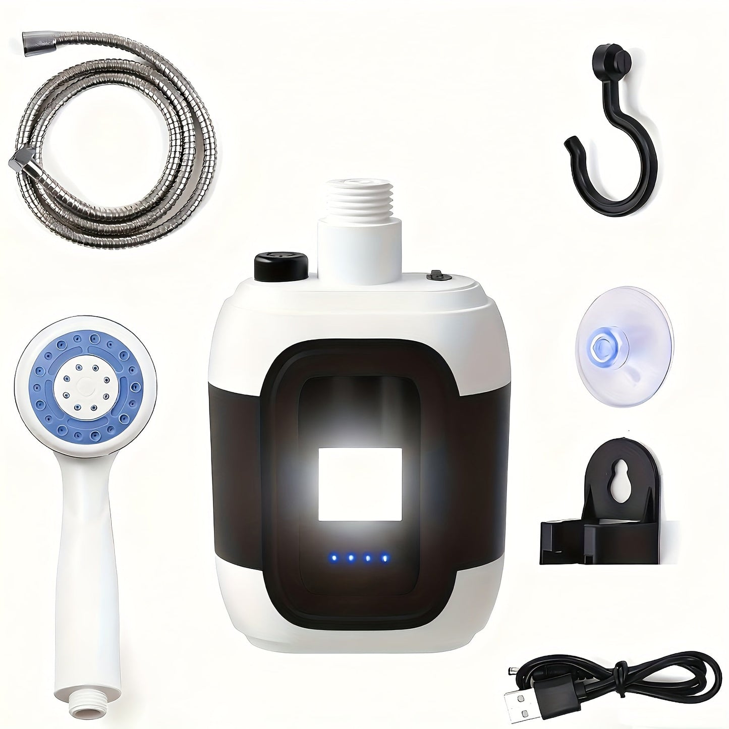 Portable Outdoor Shower with Light 2-in-1 – 2000mAh Rechargeable, Power Display, Spray Nozzle, Hose & Suction Cup – Camping, Hiking, Pet Bathing & Car Cleaning Shower Pump