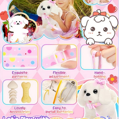 Walking Barking Dog Toy Electronic Interactive Puppy Plush with Tail Wagging Leash Bow Soft Stuffed Animal Birthday Christmas Easter Gift for Kids Girls Toddlers
