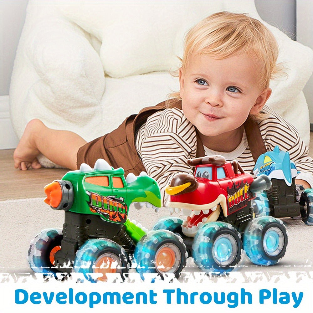 Monster Truck Toys for Toddlers 3-Pack LED Light Up Wheels Press & Go Animal Trucks Shark Bull Dinosaur – Glow Push Car Toy for Kids Ages 1-5 Birthday Easter Christmas Gift Boys Girls