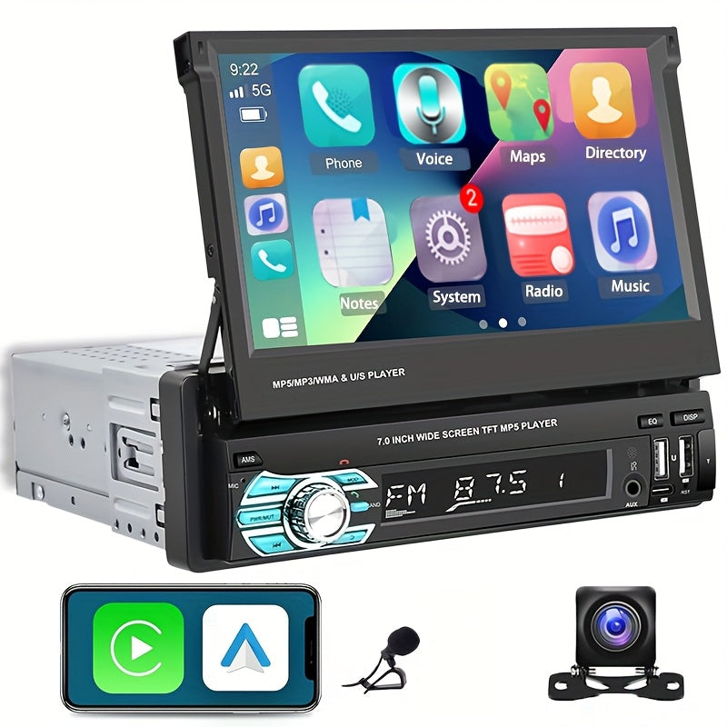 Podofo Wireless Carplayer Single Din Car Stereo 7 Inch HD Flip Out Touchscreen with Wireless Car Player Android Auto, Wireless, Type-C/USB/TF/AUX, SWC, FM, Voice Control, Backup Camera