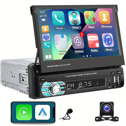 Podofo Wireless Carplayer Single Din Car Stereo 7 Inch HD Flip Out Touchscreen with Wireless Car Player Android Auto, Wireless, Type-C/USB/TF/AUX, SWC, FM, Voice Control, Backup Camera