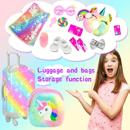 18 Inch Doll Travel Accessories Set 24 Pcs – Suitcase Dress Handbag Shoes Glasses Passport Bank Card Tickets Hairbands & U-Pillow, Fits American Girl Dolls School Adventure Gift for Girls Ages 3+ No Doll