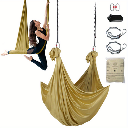 Aerial Yoga Hammock Kit 8.7 Yards – 100GSM Nylon Anti-Gravity Yoga Swing with Full Rigging Hardware, Aerial Silk for All Levels, Home & Studio Aerial Yoga Setup, Light Blue / Golden / Gradient