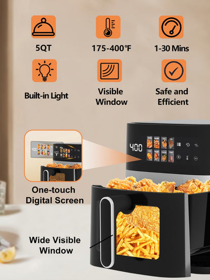 6 Quart Air Fryer with 8 Preset Functions – 6-in-1 Large Capacity Air Fryer Oven with Smart Cook Program, Stainless Steel Rack, Viewing Window & Interior Light