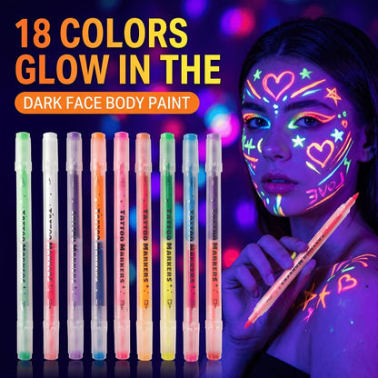 Face Body Paint Pens 18 Colors with Reusable Stencils – Washable Neon Glow in the Dark Skin-Safe Makeup Pens for Kids & Adults Parties Events Magic Shows Halloween Festivals Body Art